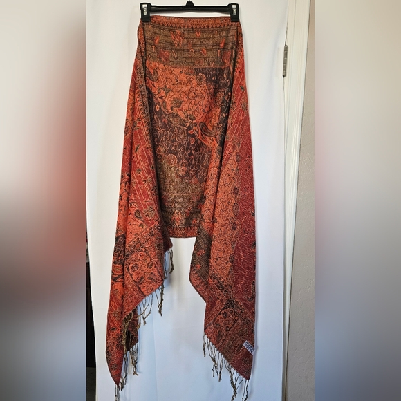 pashmina Accessories - Pashmina Orange Floral And Paisley Fringed‎ Pashmina Silk Shawl Scarf